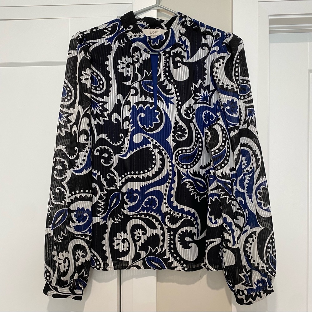Loft | Shimmer Stripe Paisley Mock Neck Black Blouse